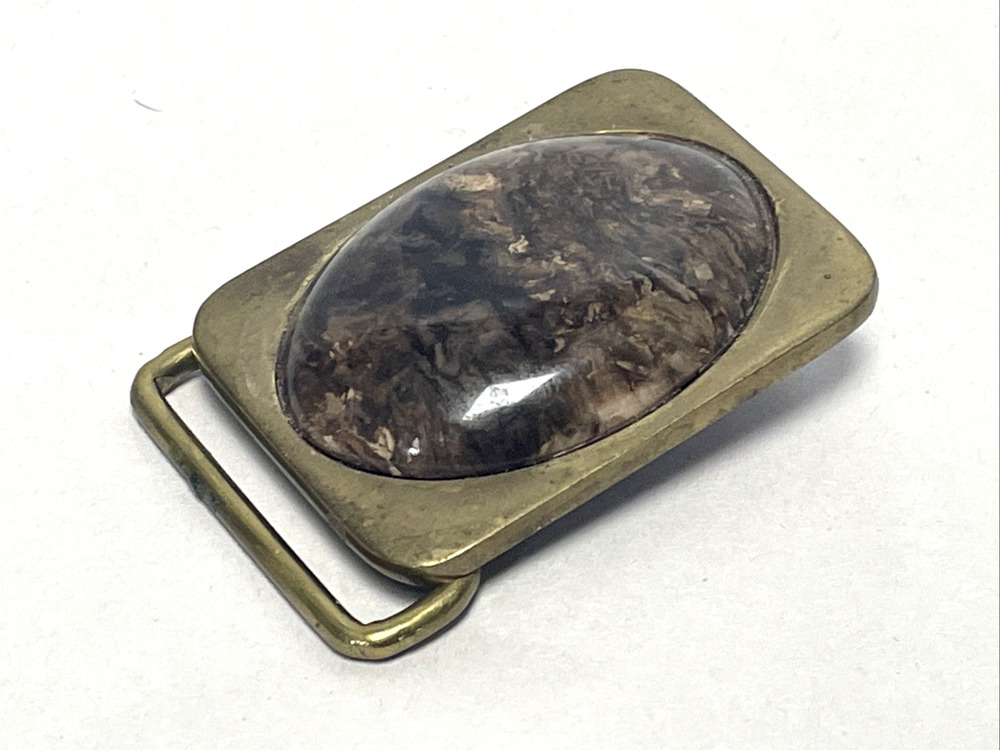 Vintage BTS Solid Brass Belt Buckle Brown Stone Cabochon Made USA 2" x 1.5" 79g